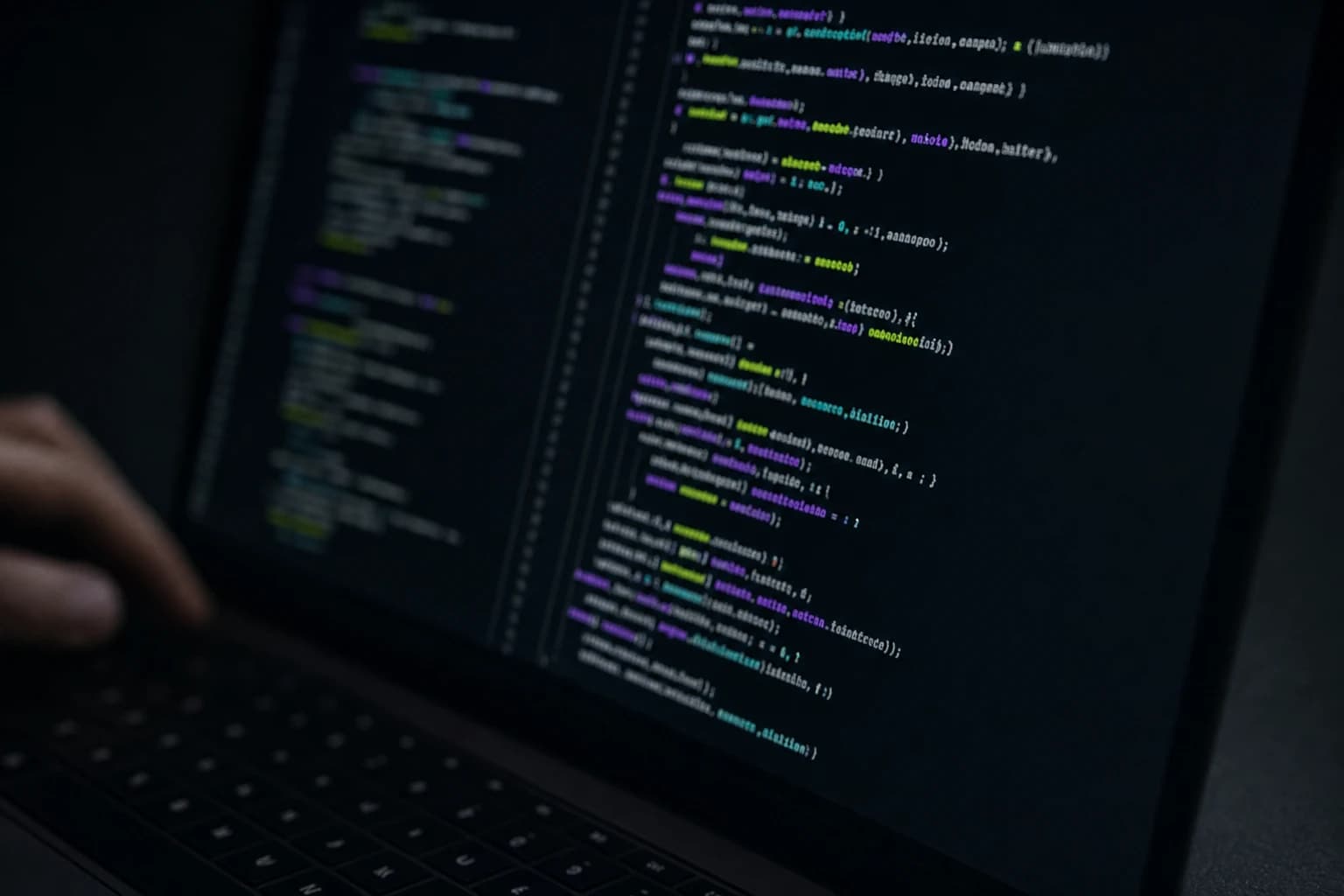 A close-up code practice scene with colorful syntax on a dark screen