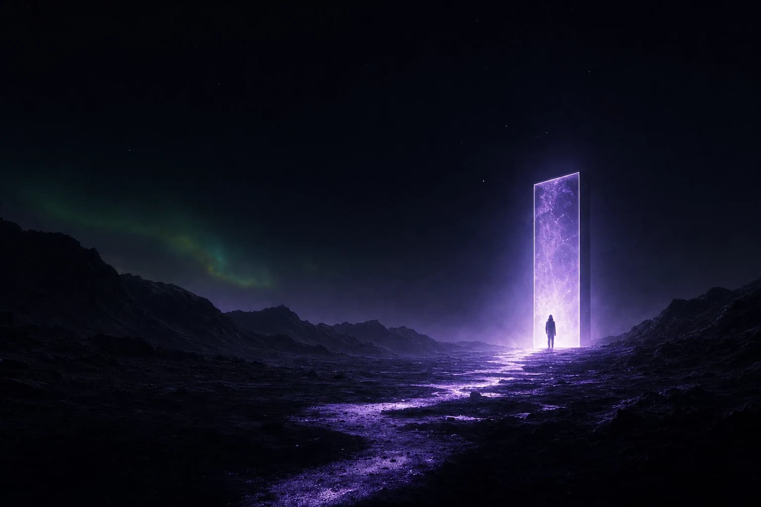A learner approaching a luminous doorway in a mountain landscape